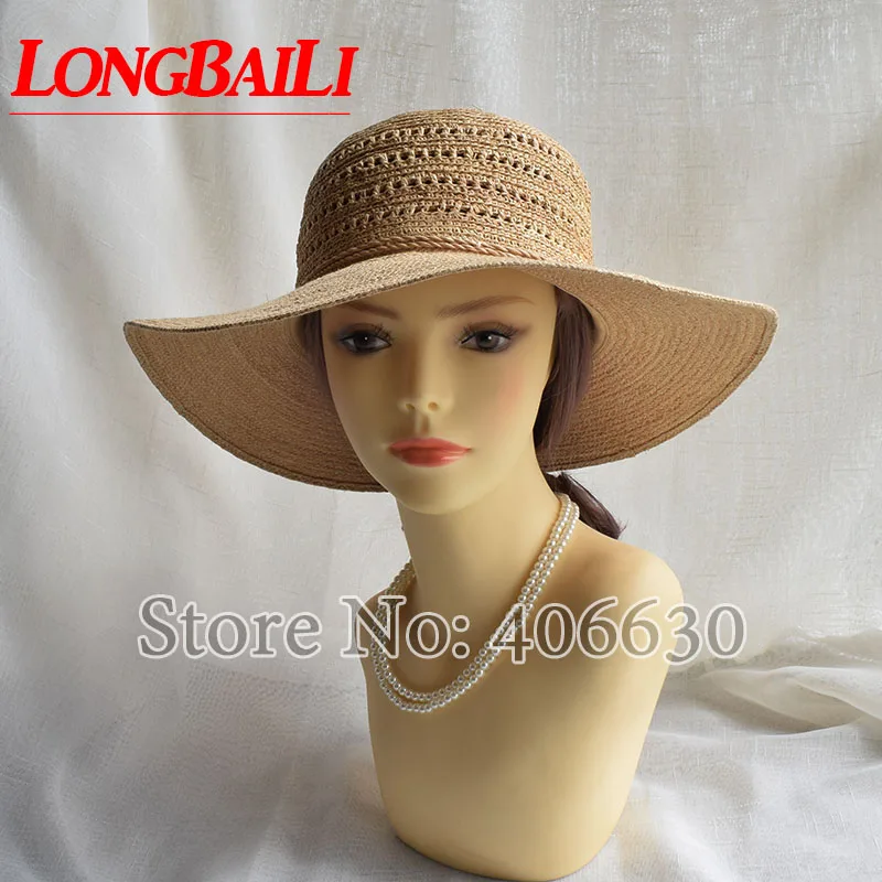 LongBaiLi Summer Elegant 9cm Wide Brim Raffia Straw Sun Beach Hats With Holes Women Floppy Hats Female Free Shipping SWDS077