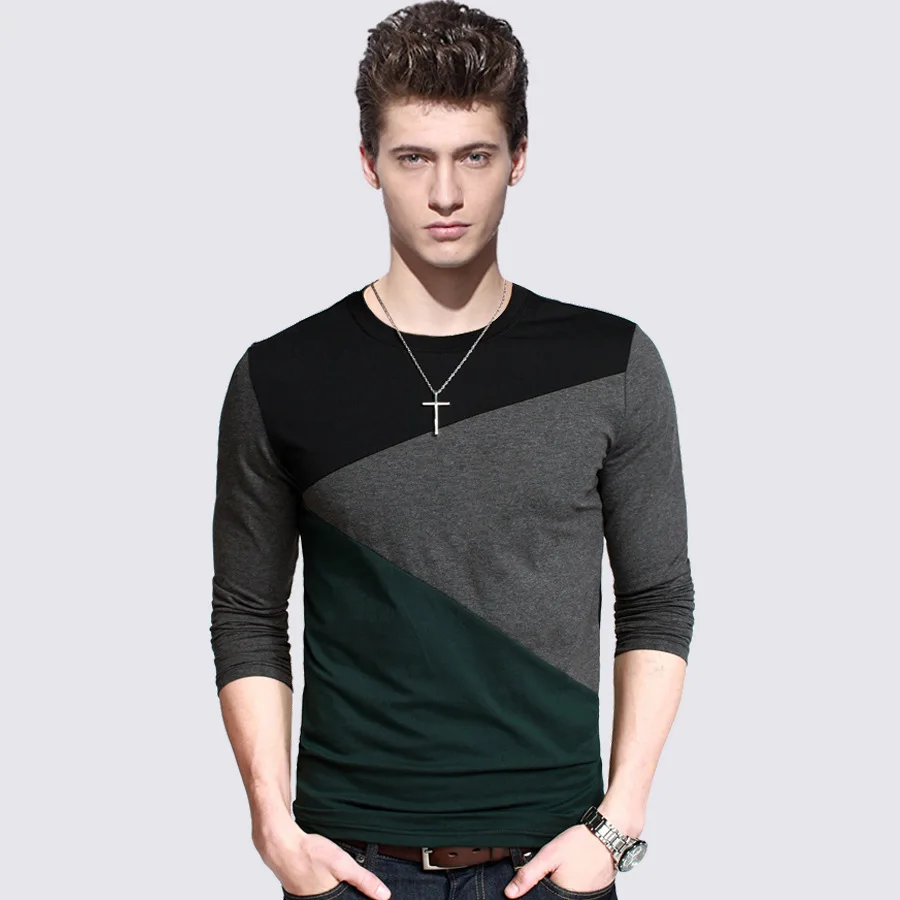 Cotton t shirt Spring Fashion mens T-shirt homme men's long sleeved O-neck patchwork color casual T-shirts size M-5XL | Мужская