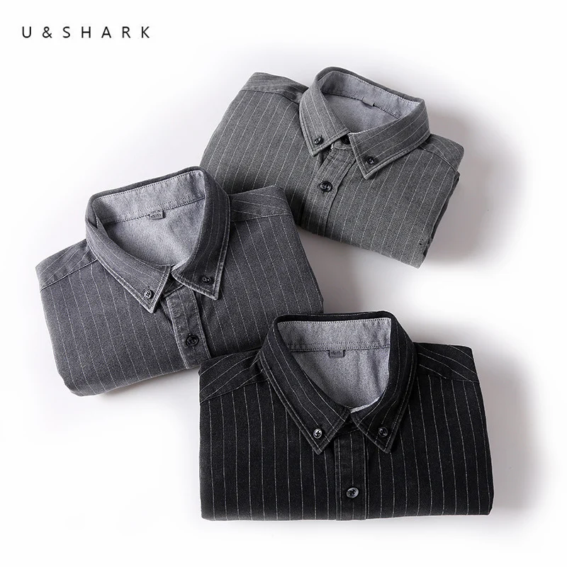 U &amp SHARK Тонкий полосатые рубашки для мужчин одежда в Корейском стиле Сезон осень