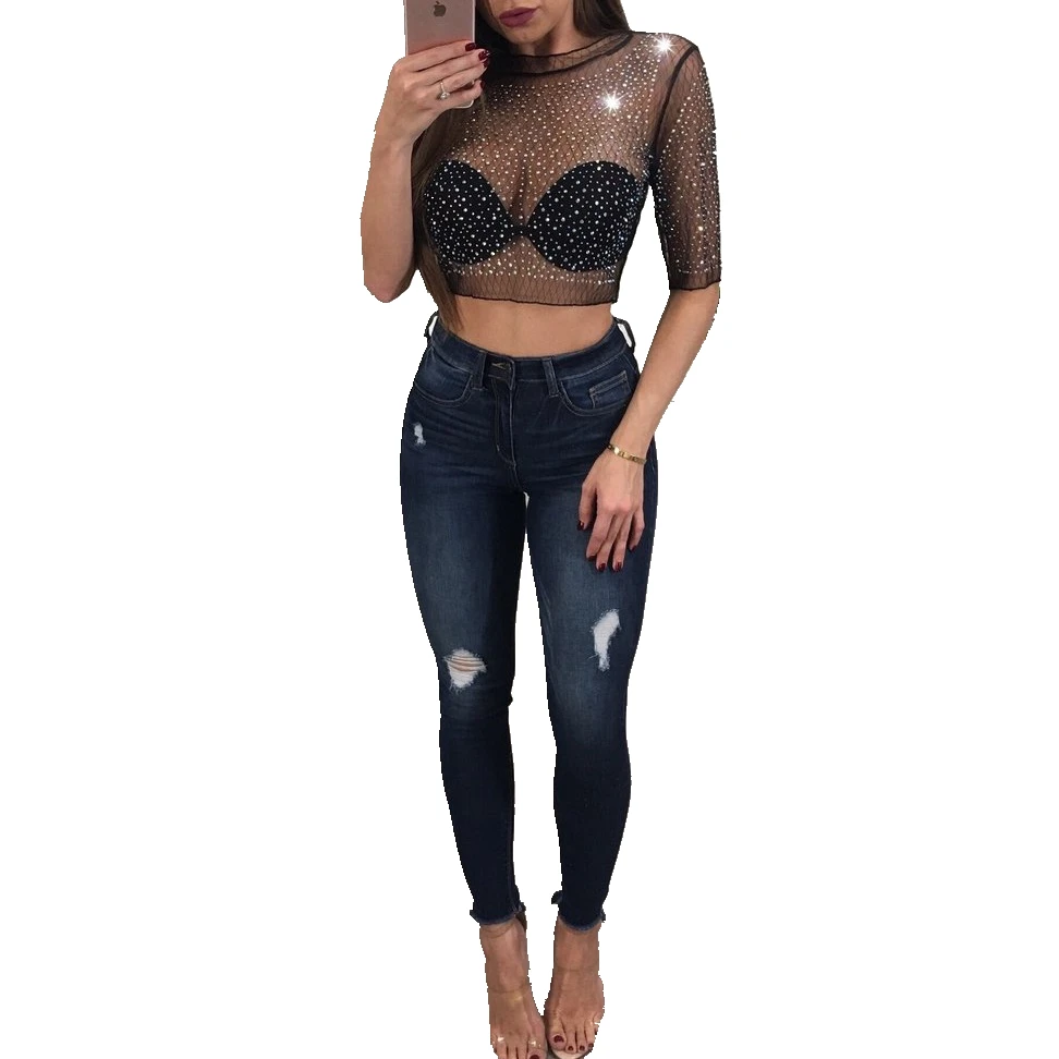 2017 Модный женский прозрачный сетчатый кроп топ со стразами и рукавом до локтя