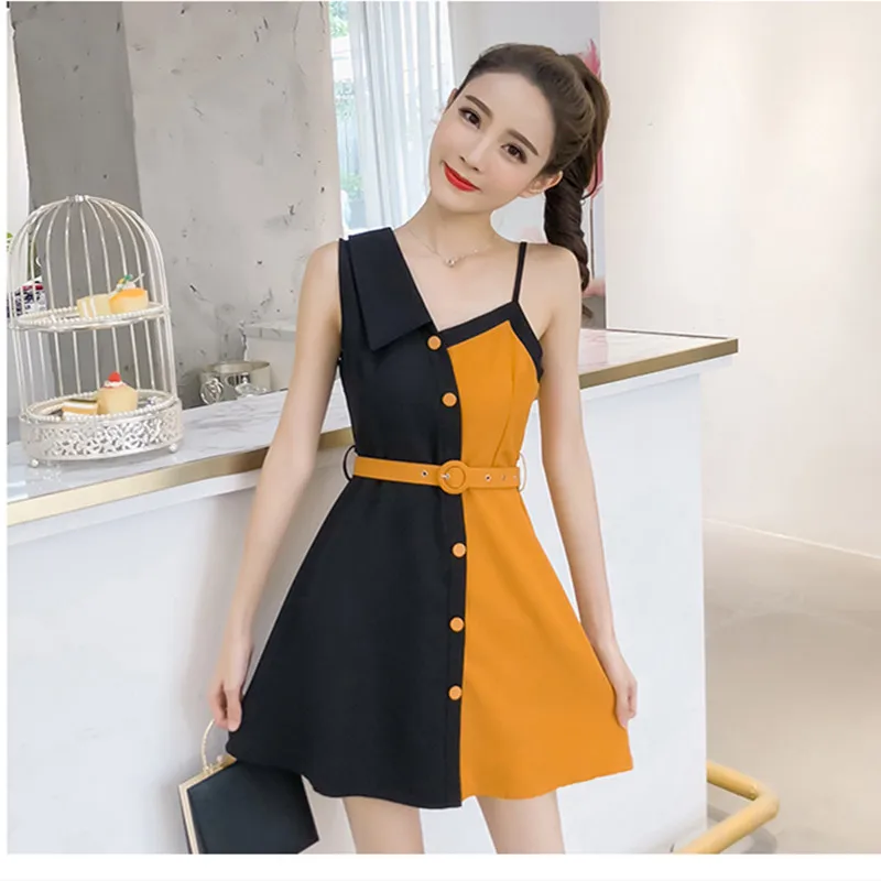 Vestiti Delle Donne Di Modo Spalle Sling Monopetto Irregolare Sexy Del Vestito Cinturino Nero giallo Splice Aderente | Женская одежда
