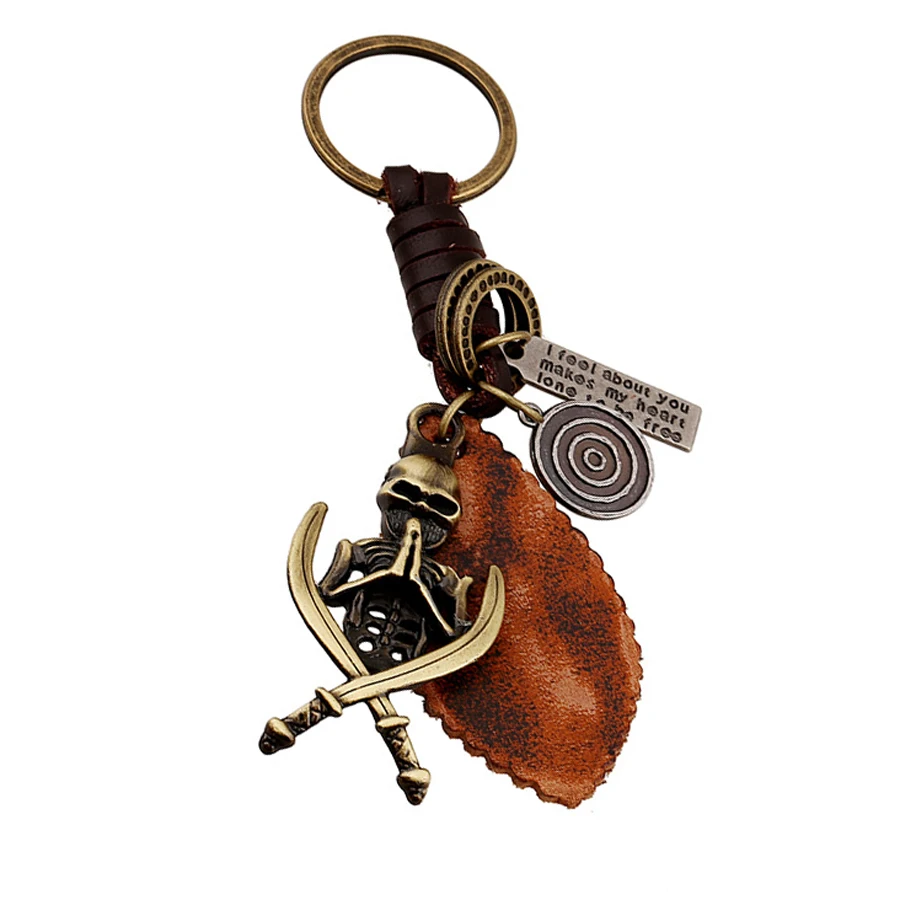 Charm Skeleton Pendant Keychain Women Men Genuine Leather Skull Car Key Chain Ring Holder Creative Bag Punk Jewelry Gift FY039 | Украшения