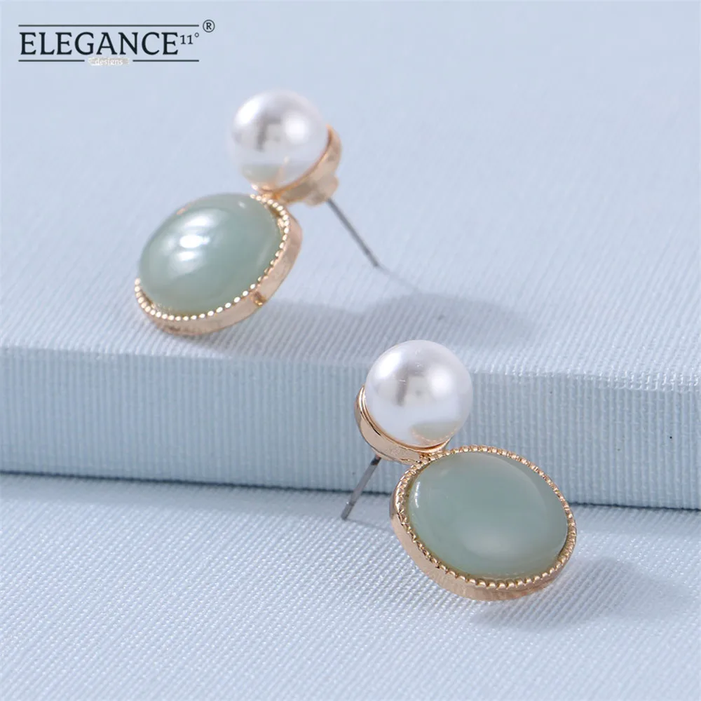 ELEGANCE11 Luxury Stud Earrings for Women Simulated Pearl Wedding Green Natural Stone Pendant Gfit | Украшения и аксессуары