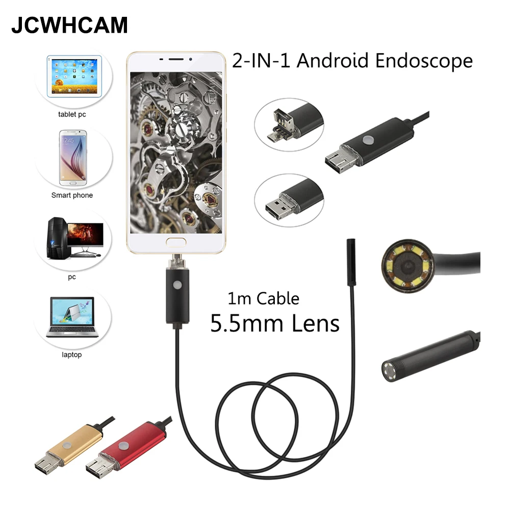 USB камера эндоскоп JCWHCAM диаметром 5 мм с гибкой трубкой для осмотра смартфона Android