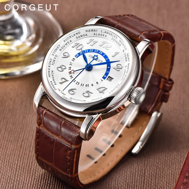 Механические часы GMT 43 мм мужские Модные с кожаным верхним циферблатом и двойным