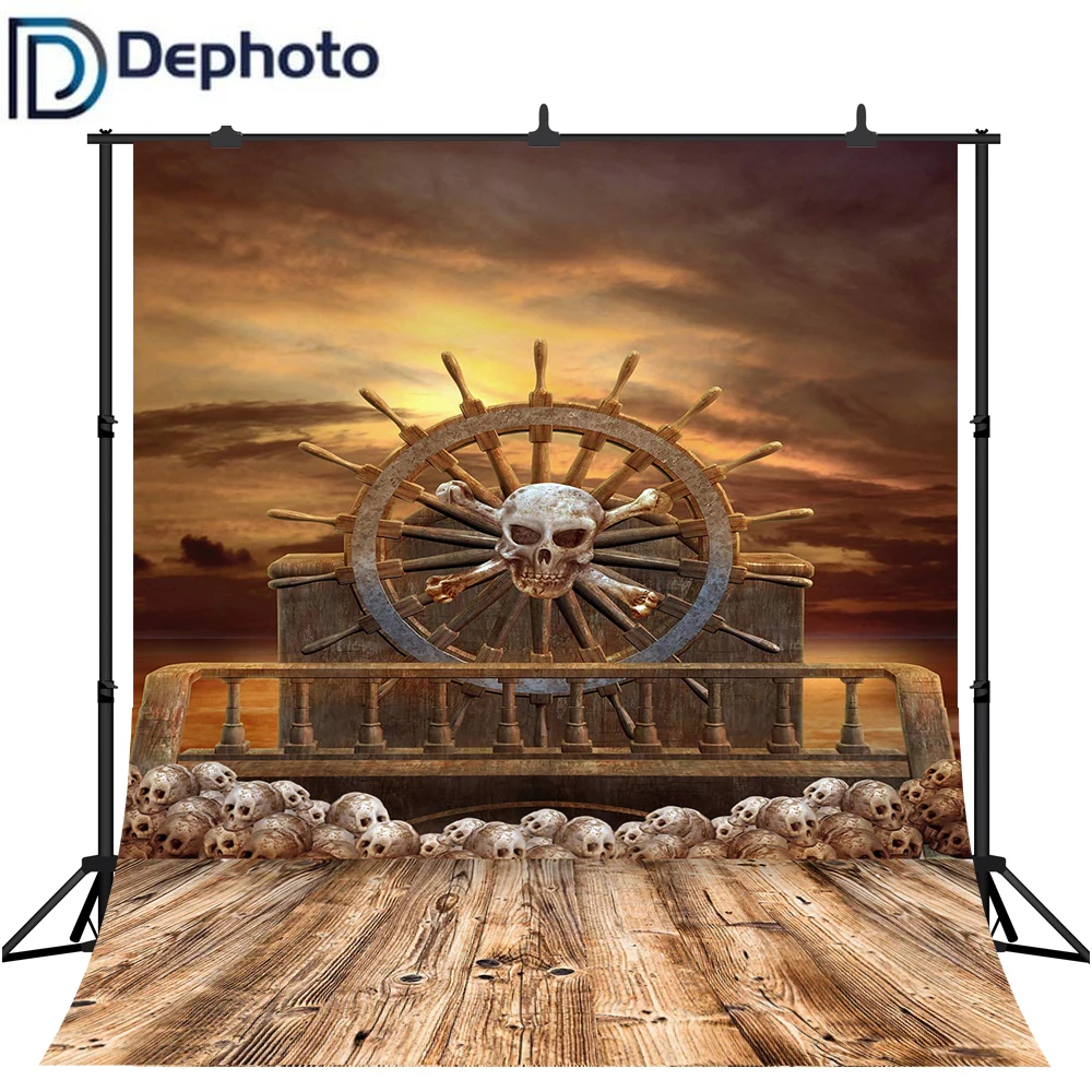 Фоны для фотографии Dephoto Pirate Ship Skulls Rudder Scene на виниловой основе с изображением корабля пиратов, черепов и руля для использования в фотостудии.