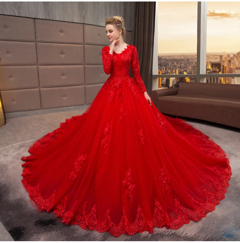 Винтажное кружевное свадебное платье с длинным рукавом Vestido De Noiva, бальное платье с v-образным вырезом, Красные Свадебные платья с длинным шлейфом, Robe De Mariee