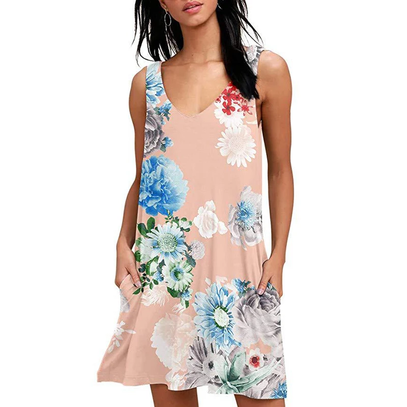 Женское платье без рукавов Fanbety с V образным вырезом и цветочным принтом