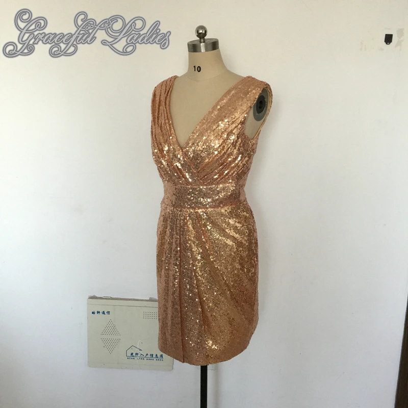 Розовое Золото Блестки Короткие Пром Платья На Заказ V Шеи До Колен Полу