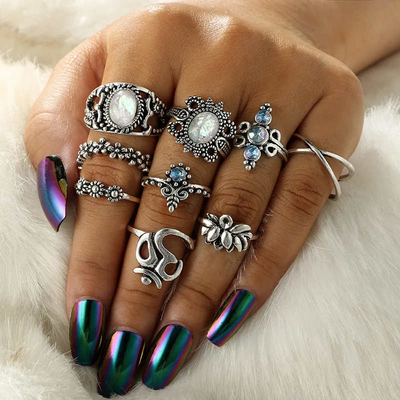 MuHan 9 шт./компл. винтажное богемное резное античное серебро набор колец для