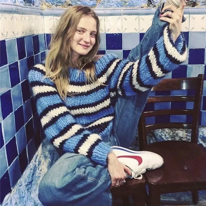 Женские свитера в полоску с открытыми плечами уличные вязаные пуловеры большого