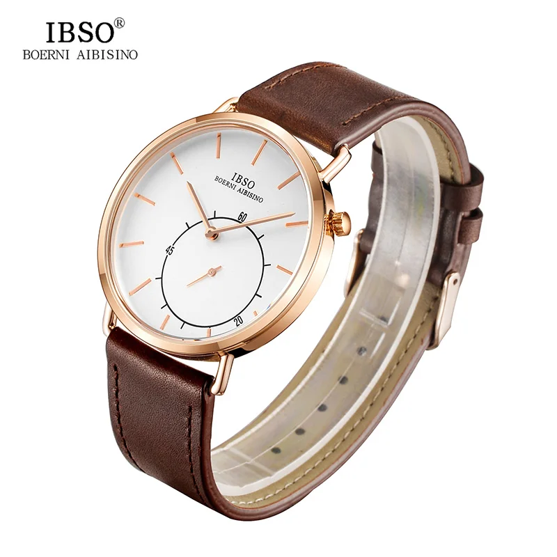 IBSO Мужские кварцевые часы Бизнес 8 мм ультра тонкие наручные из натуральной кожи
