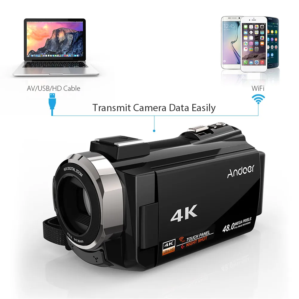 Цифровая видеокамера Andoer с широкоугольным объективом 0 39x 4K 1080P 48 МП Wi-Fi |
