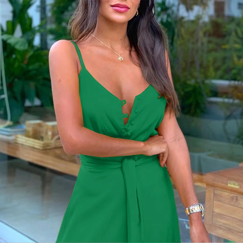 

2020 New Fashion Solid Color Women Dress Spaghetti strap Sexy Buttons Patchwork Summer Beach Dresses Backless Maxi Long Vestidos