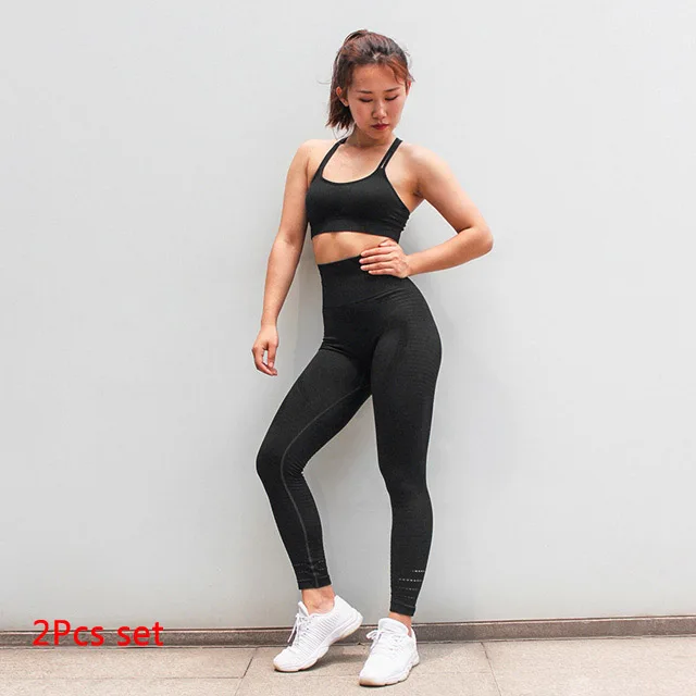 Black set Женский комплект для йоги, для спортзала, фитнеса, спортивная одежда, спортивный бюстгальтер+ штаны, трико для бега, беговые Леггинсы для йоги и тренировок, спортивный костюм - Цвет: Black set