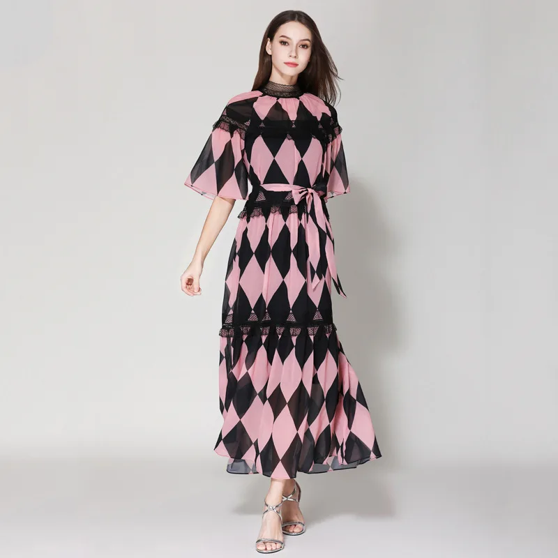 

2019 Summer runways plaid pink dress Chic lace patchwork belt dress Fashion flare sleeves chiffon dress A314