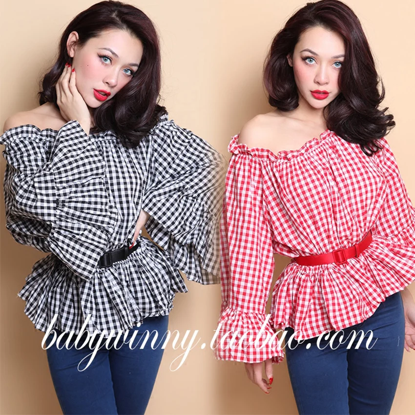 FREE SHIPPING 2016 Spring New Vintage Plaid Strapless Exaggerated Flare Sleeve Striped Women Short Loose Cotton T Shirt | Женская одежда