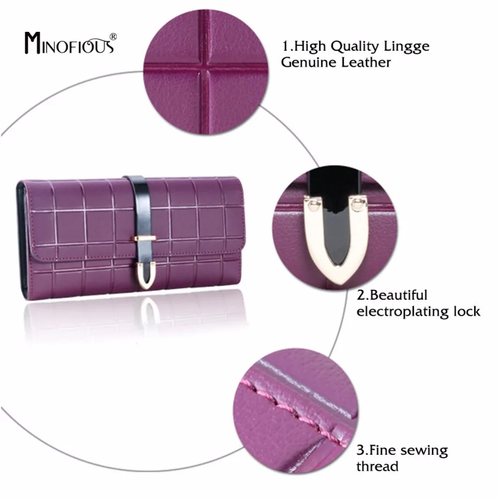 

MINOFIOUS Genuine Leather High Quality Long women Wallets Fashion Multifunctional Purse Diamond Design Clutch Bag Hasp Wallet