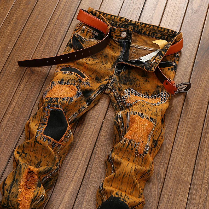 Желтые мужские прямые джинсы Большие размеры нищий мужской 2017 Винтаж модные |