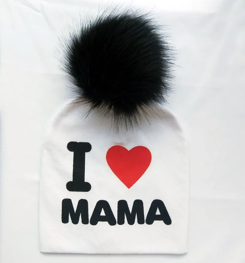 I love mama white Вязаная шапка с помпоном для маленьких девочек и мальчиков, милая шапочка с надписью «I Love PAPA MAMA», детские шапки, облегающая шапка, шапочки для детей - Цвет: I love mama white