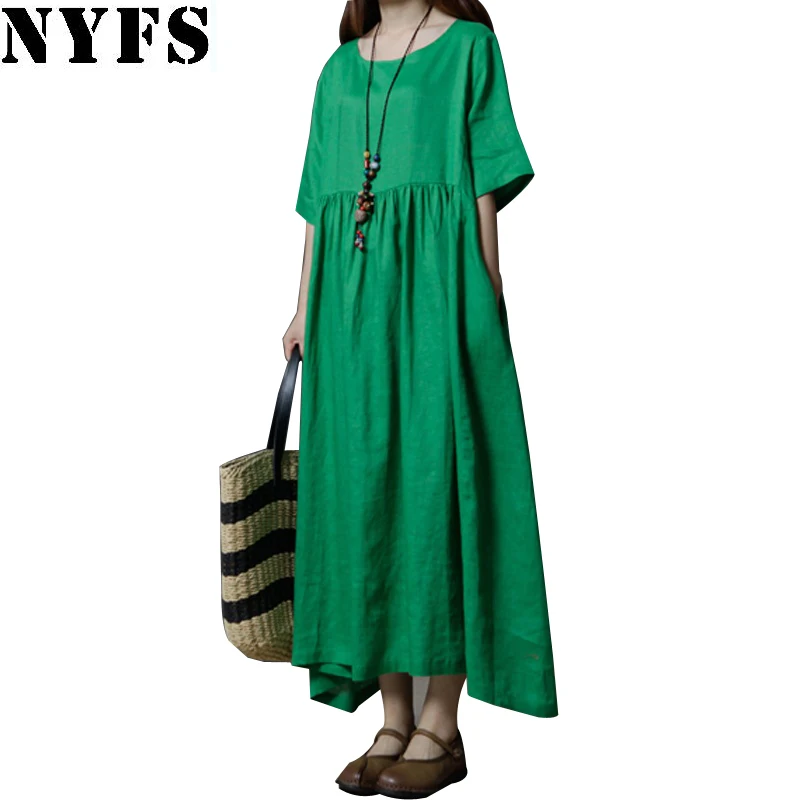 Женское длинное платье из хлопка и льна однотонное с коротким рукавом лето 2020 |
