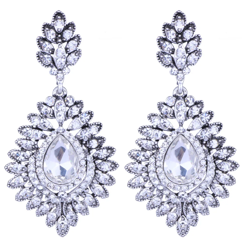 Винтажные посеребренные серьги капли с кристаллами Классические женские