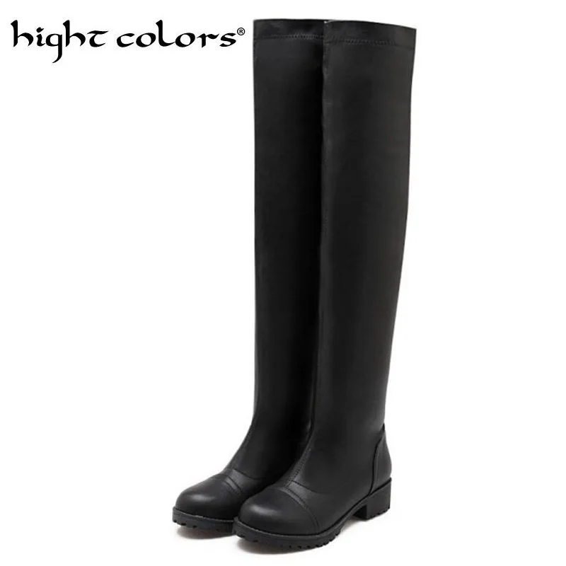 Высокие сапоги до бедра женские рыцарские с круглым носком на низком каблуке