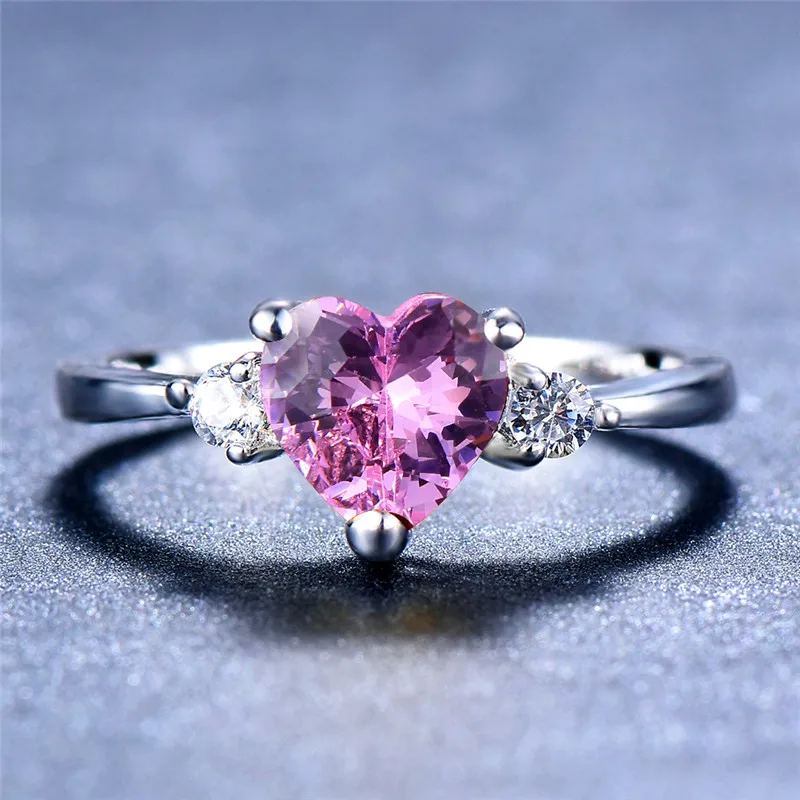 Pink Женское кольцо в форме сердца розового/Красного/фиолетового цвета для девочек, модное кольцо на палец с камнем рождения, 925 серебряное кольцо для помолвки для женщин - Цвет основного камня: Pink