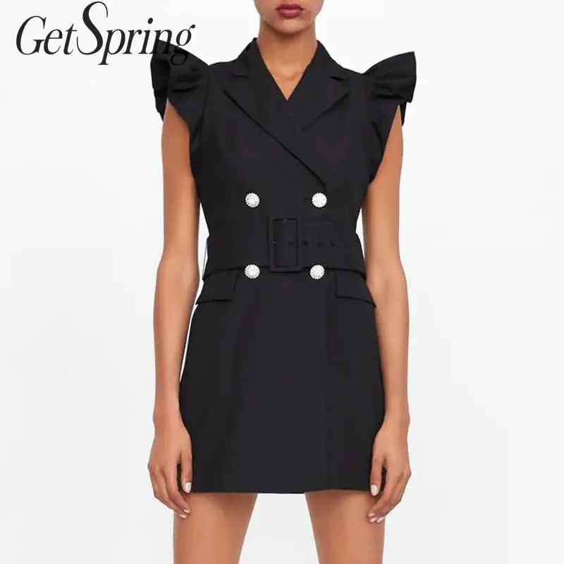 Getвесеннее женское платье с оборками без рукавов костюм платья черным поясом