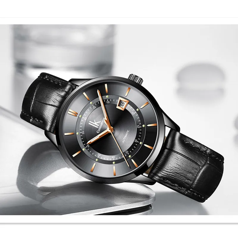 IK цветные автоматические часы мужские тонкие наручные с кожаным ремешком