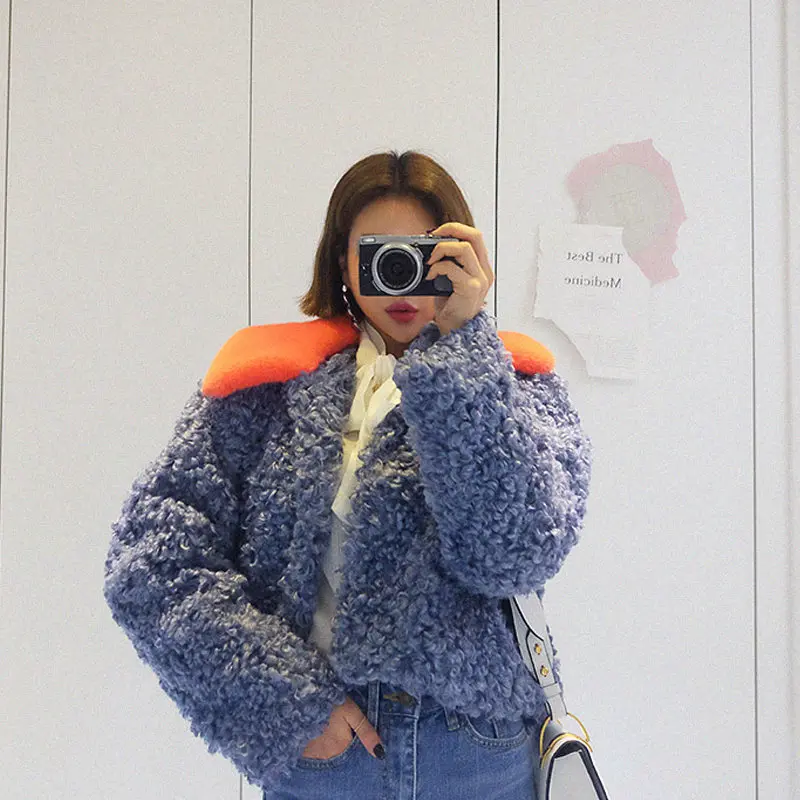 Осенне-зимняя женская синяя шуба из искусственного меха, Повседневная Свободная короткая куртка с отворотом, женская брендовая теплая пушистая шуба, модная верхняя одежда Y641 - Цвет: blue orange collar
