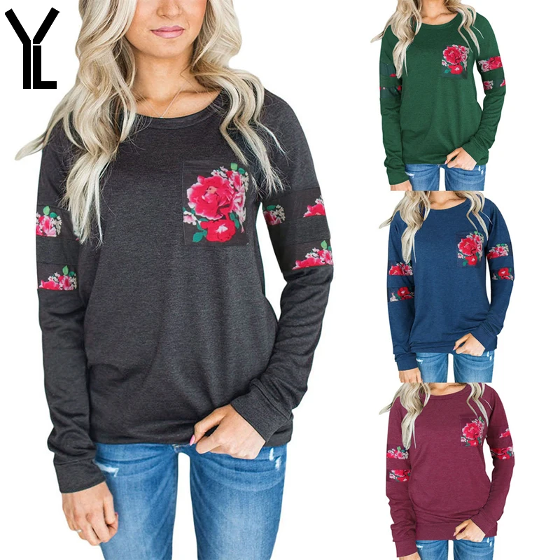 

2017 Women T-Shirt O Neck Fashion New Style Print T-Shirt Full Regular Splicing Pocket Hedging Stitching Printing T-Shirt