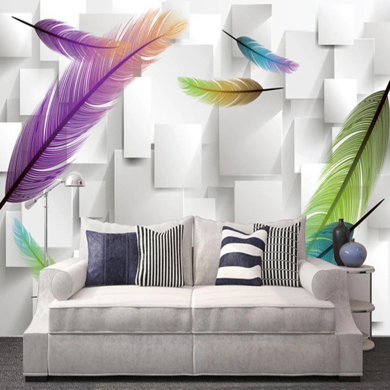 Custom Photo Wallpaper 3D Stereoscopic Square Box Lattice Fashion Feather Modern Living Room TV Background Wall Mural | Обустройство