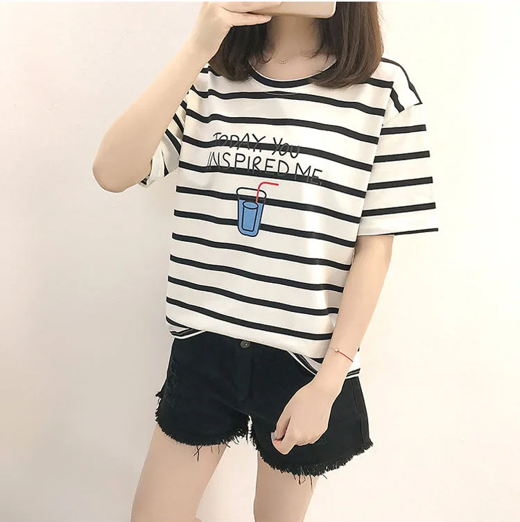 Женская одежда модная хлопковая футболка в полоску с короткими рукавами AS424 лето