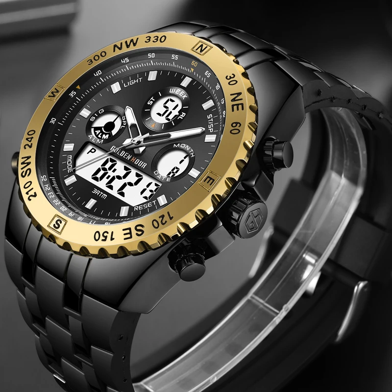 Reloj GOLDENHOUR мужские часы Quarzt цифровые с двойным дисплеем наручные светящиеся Relogio