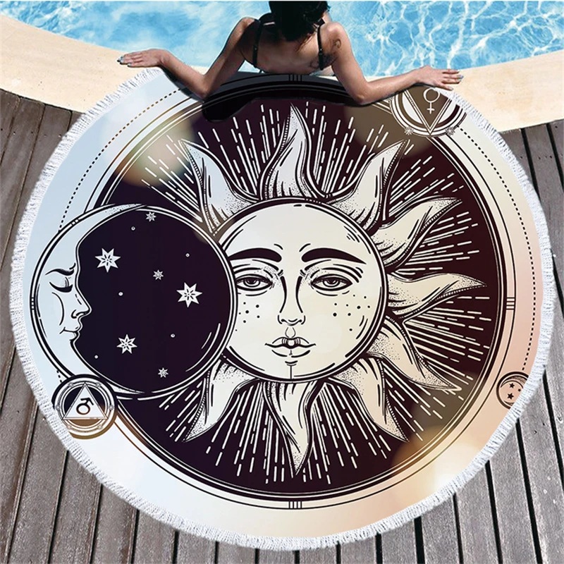 The Sun Moon Printed Bohemia Microfiber Large Round Beach Towel for Adults Hippie Thick India Yoga Mat Tassel Blanket Home Decor | Дом и сад