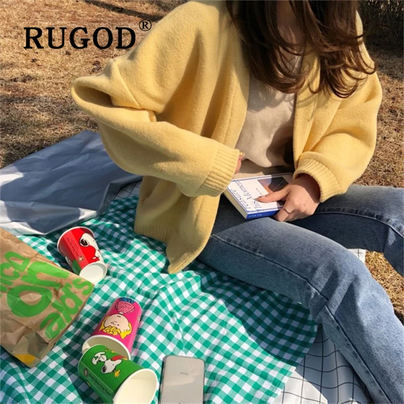 RUGOD Korean chic soft women Cardigan 2019 new Auturn warm knitted yellow overcoat female abrigos mujer invierno |
