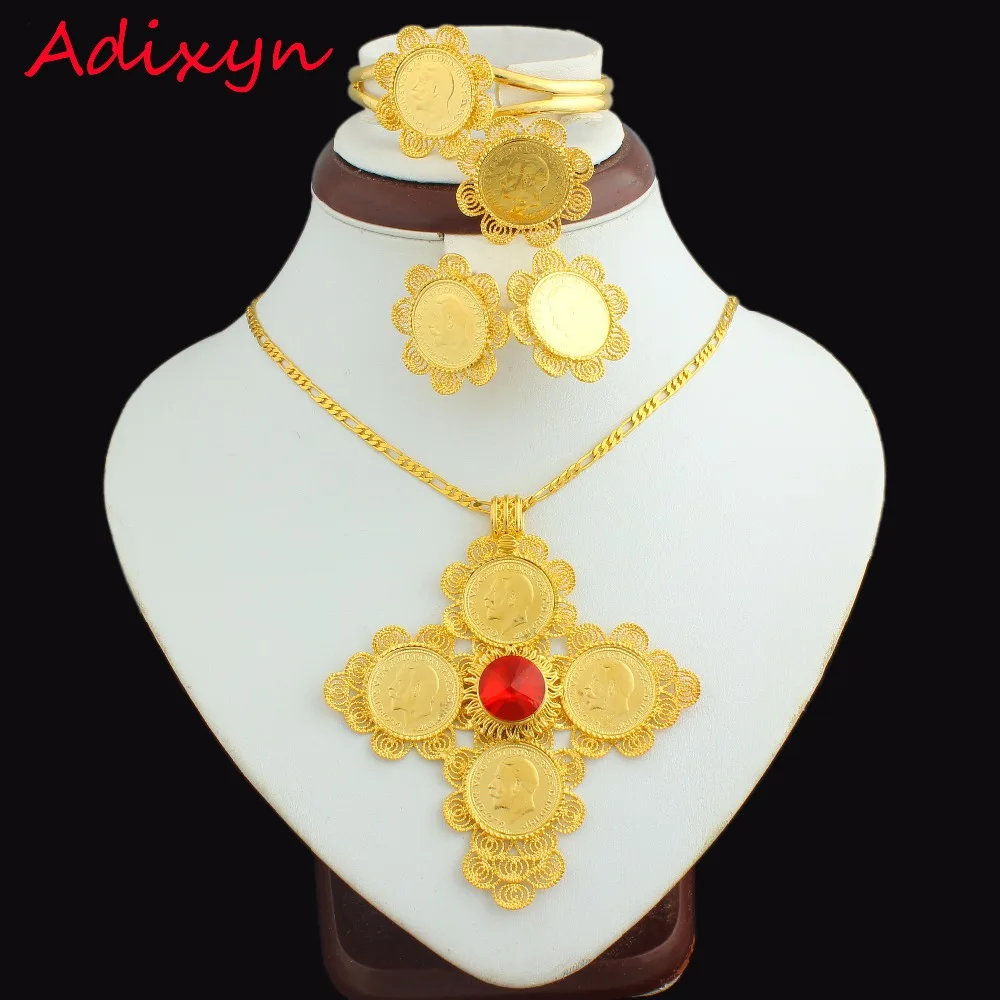 Adixyn новый красный камень Эфиопский крест монета Свадебные Ювелирные наборы 24 К