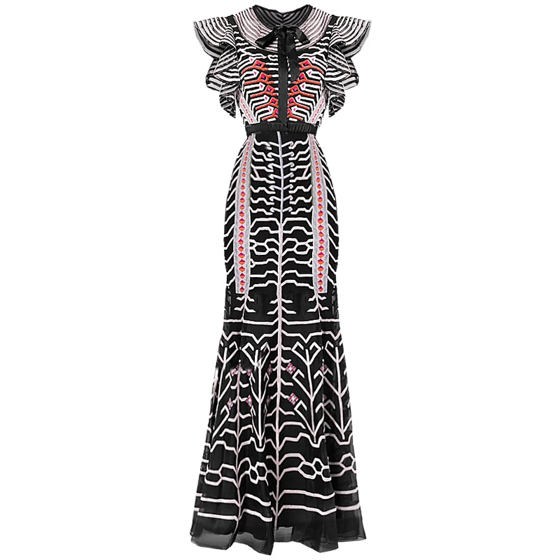 Винтаж Стиль 2019 модные женские туфли длинные Dressses с рукавом бабочкой воротник