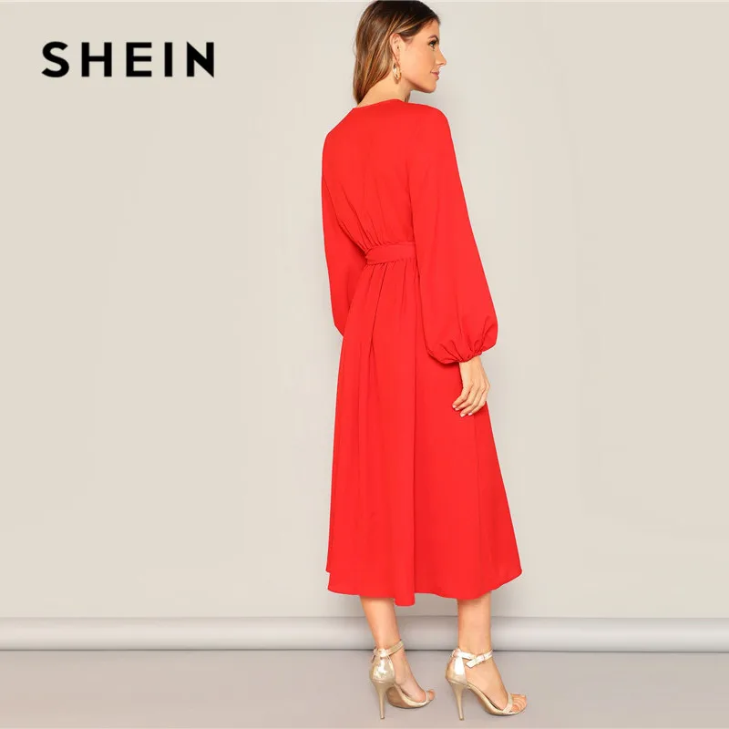 SHEIN Платье На Запах С Поясом, Оригинальным Рукавом И Глубоким V-образным Вырезом Одноцветное Платье Свободного Кроя