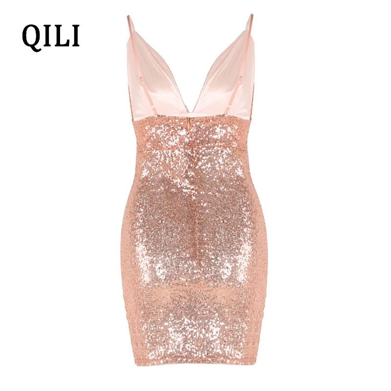 

QILI Sexy V-neck Sequin Dress Women Sleeveless High Waist Spaghetti Strap Mini Dresses Party Club Glitter Dress Female