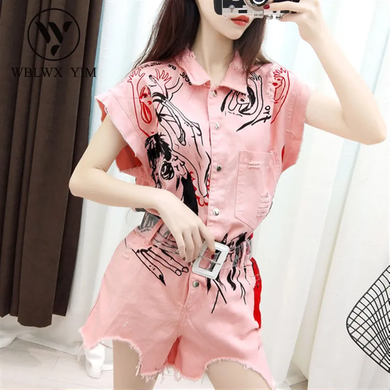 Модные джинсовые комбинезоны с принтом граффити женские однобортные квадратным