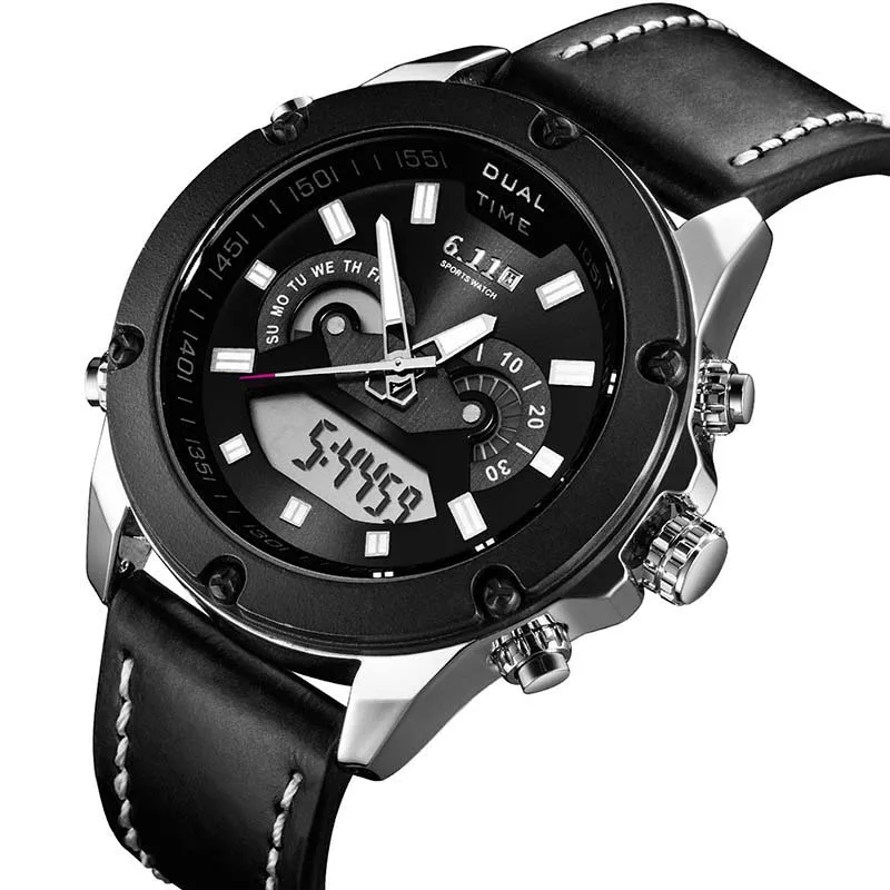 Часы наручные мужские кварцевые цифровые с кожаным ремешком |