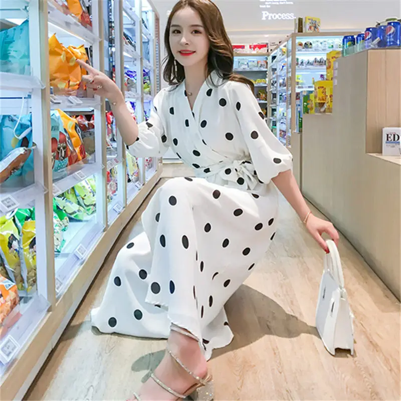 Модные Корея Новый Boho Черный шифон пляжное платье Для женщин 2019 лето волна точка