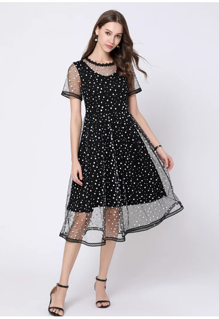 

Summer Female Plus Size midi Dress set Elegant polka dot pinched waist mesh holidays vacation beach dress party dress vestido5xl