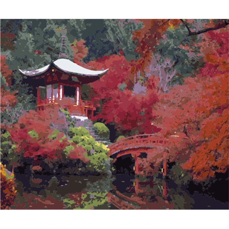 YIKEE decorative canvas oil painting by numbers,painting by number for adults Maple Pavilion