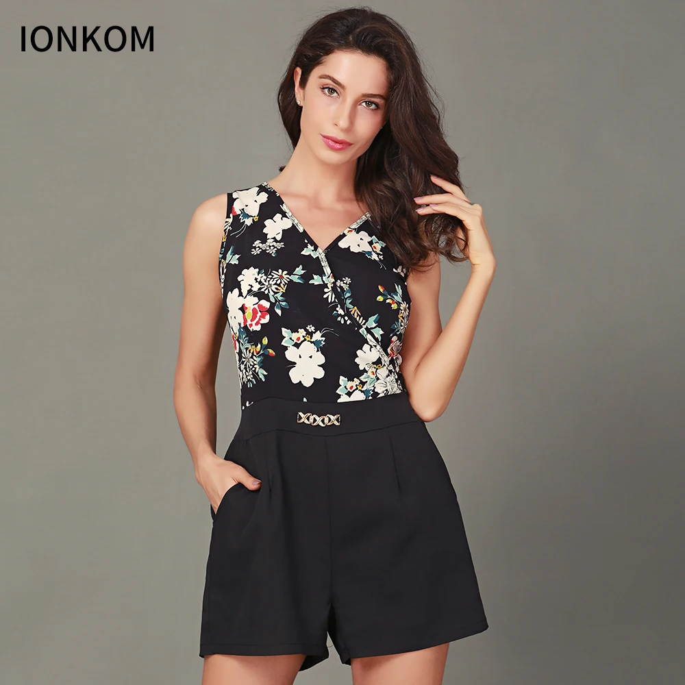IONKOM Flower Print Keyhole Back Romper 2018 Summer V Neck Sleeveless High Waist Short Jumpsuits Women Bodycon Party | Женская одежда