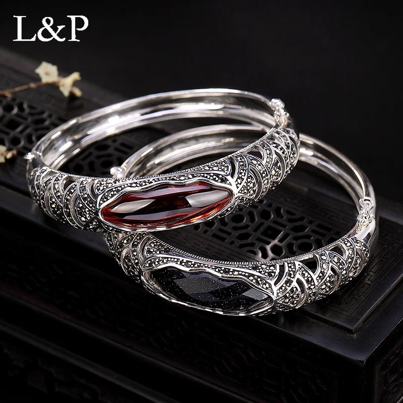 

L&P Elegant Garnet Agate Real 925 Silver Bracelet Bangle For Women Fashion Hollow Bangle Fine Jewelry For Anniversary Gift