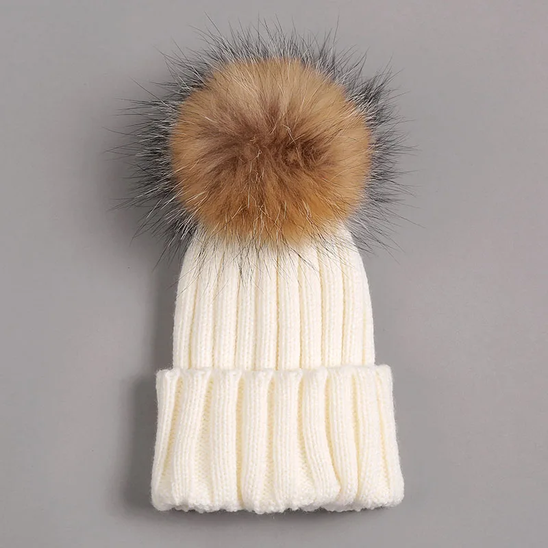 Детская шапка с помпоном из меха енота детские вязаные шапки лисьего Шапка бини