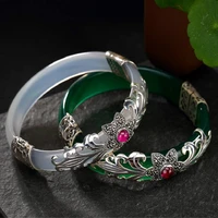 925 sterling silver bracelet chalcedony stone bangle women vintage fine thai silver jewelry marcasite flower bangles